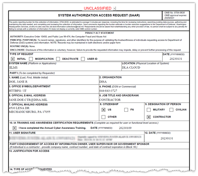 DD Form 2875 - User Candidate Example of DD Form 2875 With User Info Filled in