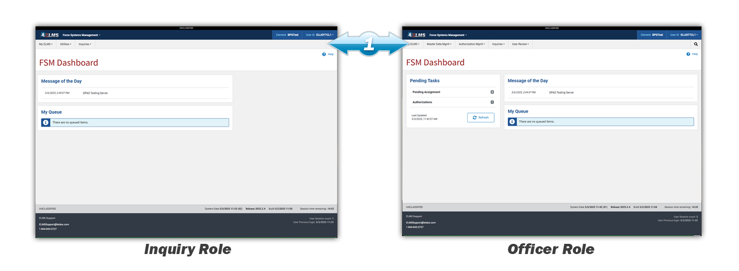 Two different ELMS Roles Screenshots to show difference in functionality between users