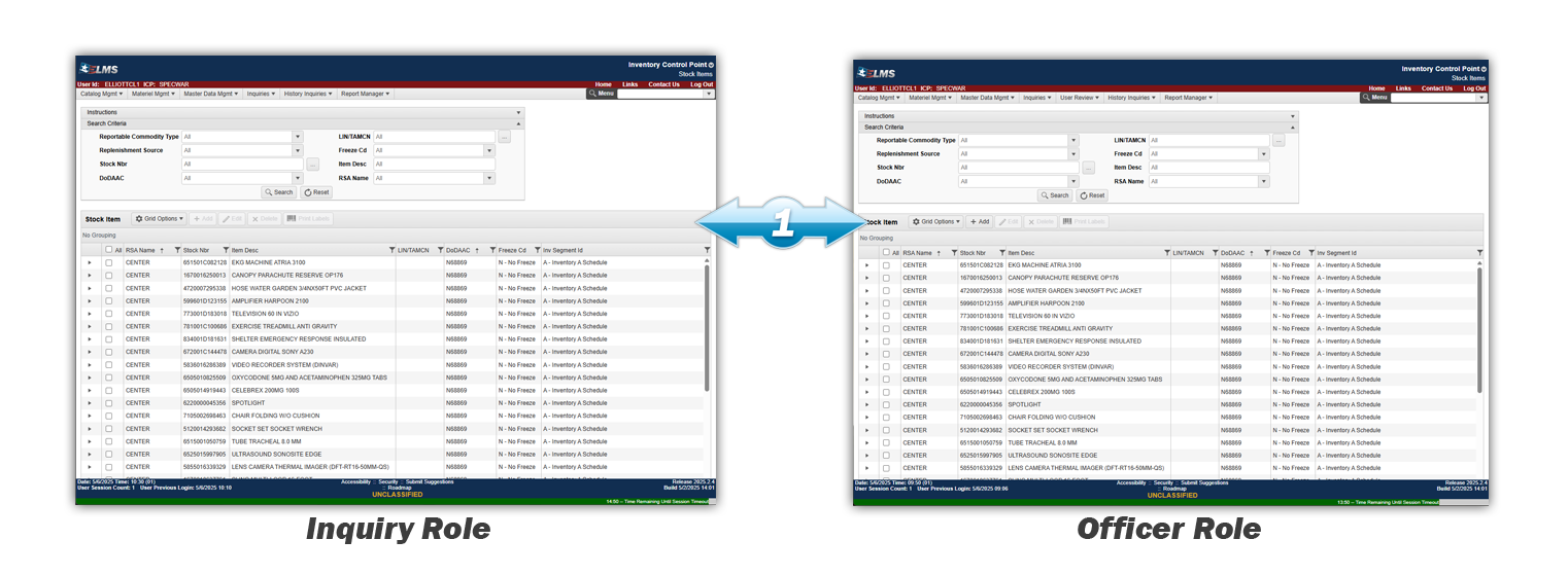 Two different ELMS Roles Screenshots to show difference in functionality between users