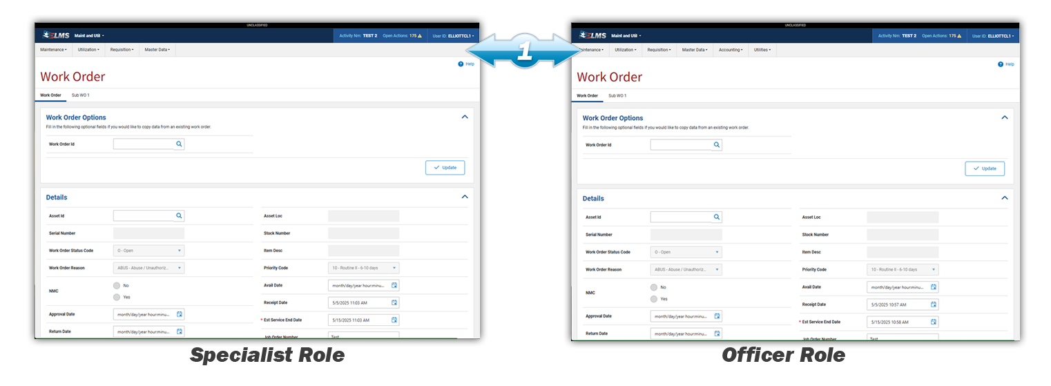 Two different ELMS Roles Screenshots to show difference in functionality between users