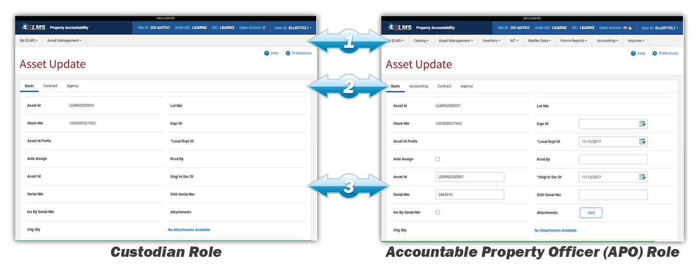 Two different ELMS Roles Screenshots to show difference in functionality between users