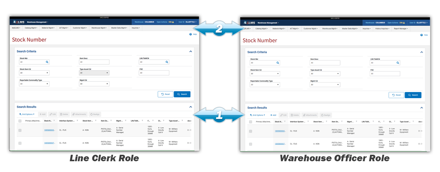 Two different ELMS Roles Screenshots to show difference in functionality between users
