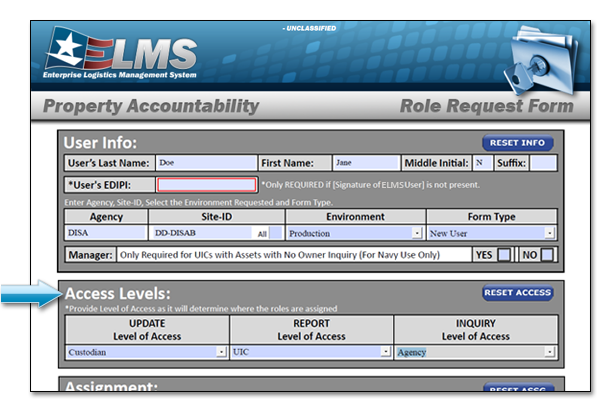 ELMS Role Request Form Example - Access Levels Section Two Sample of PA Roles Request Form