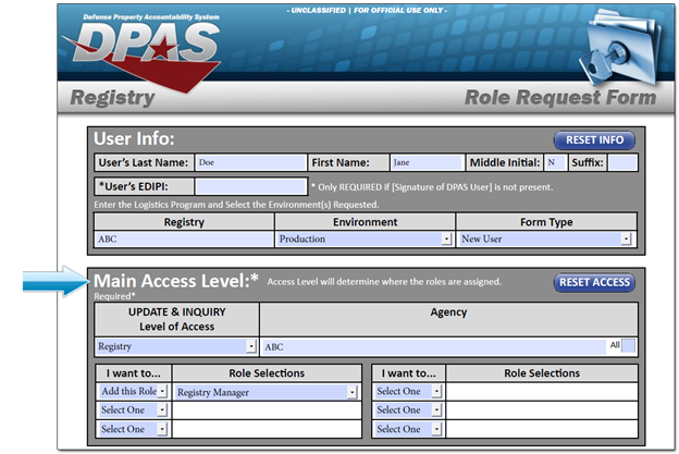 DPAS Role Request Form Example - Access Levels Section Two - Sample of Registry Roles Request Form