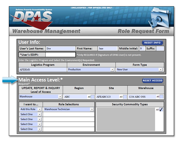 DPAS Role Request Form Example - Access Levels Section Two Sample of WM Roles Request Form
